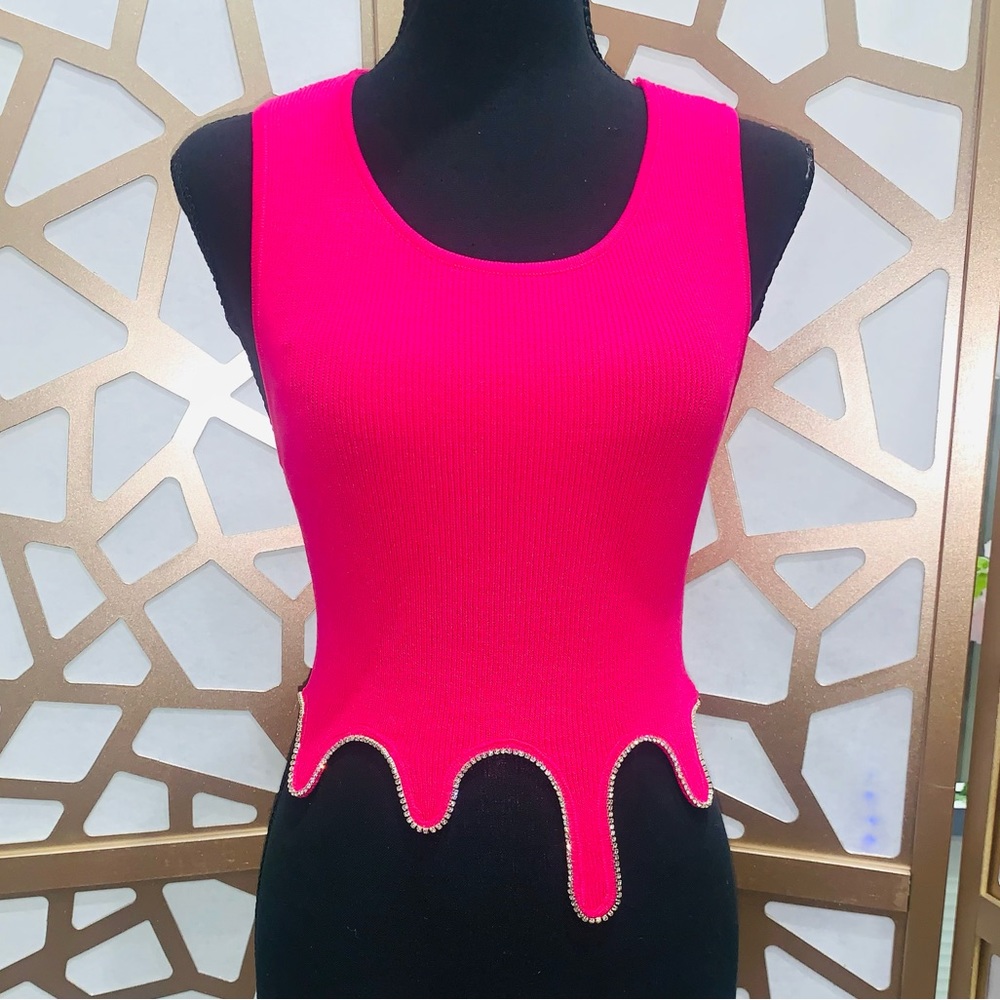 Hot Pink Rhinestone tear drop crop top